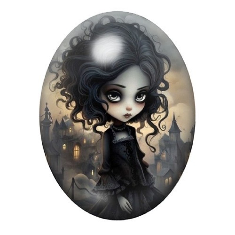 Cabochon en Verre Illustré Jeune Fille Gothique 13x18, 18x25 ou 30x40mm