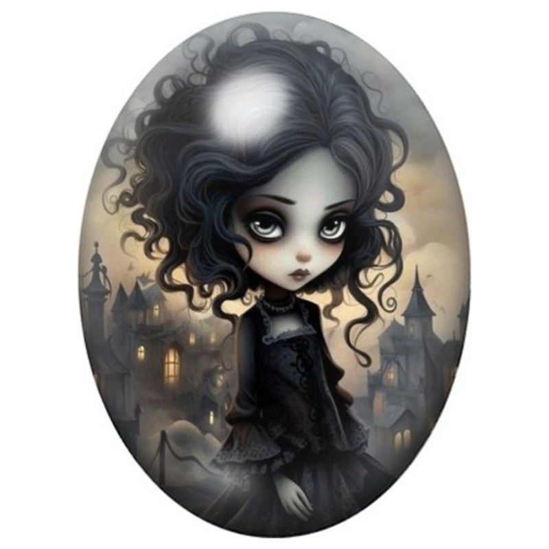 Cabochon en Verre Illustré Jeune Fille Gothique aux Boucles Noires 13x18, 18x25 ou 30x40mm