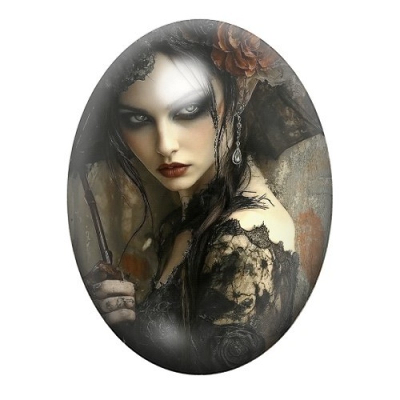 Cabochon en Verre Illustré Femme Gothique aux Fleurs Sépia 13x18, 18x25 ou 30x40mm