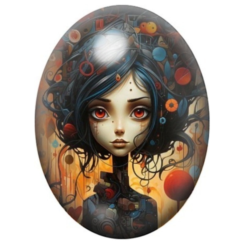 Cabochon en Verre Illustré Jeune Fille Gothique aux Rouages Colorés 13x18, 18x25 ou 30x40mm