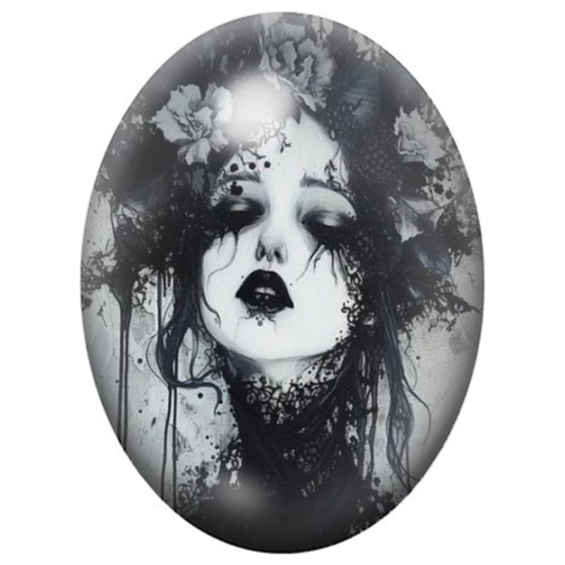 Cabochon en Verre Illustré Femme Gothique au Maquillage Noir Fleuri 13x18, 18x25 ou 30x40mm