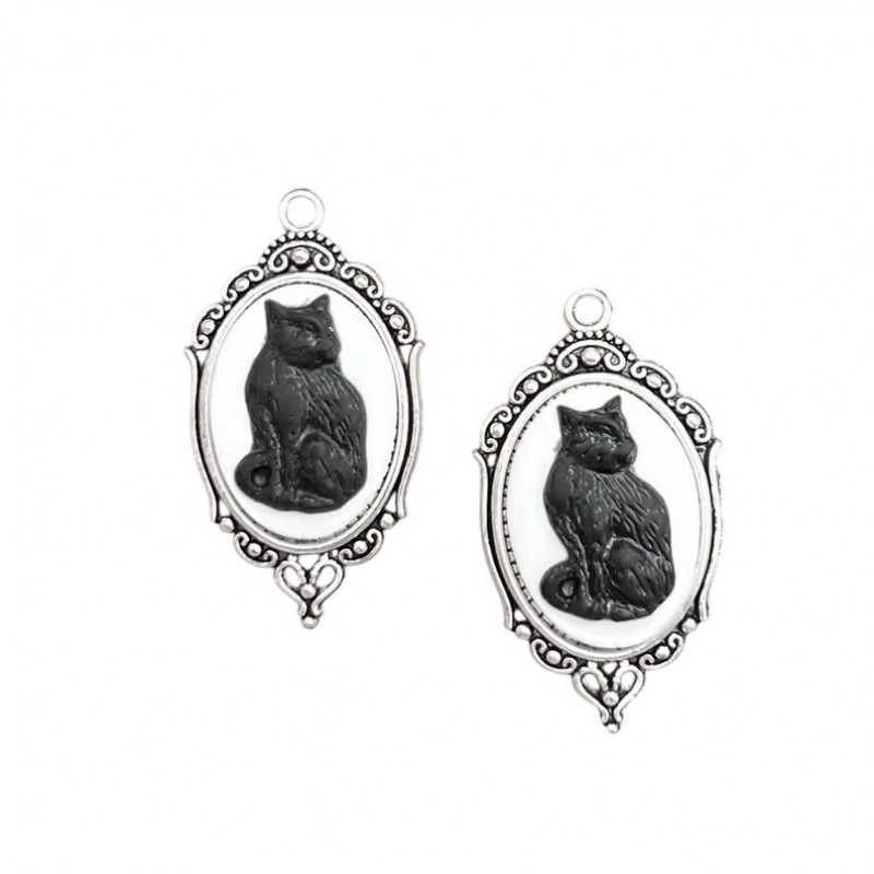 Breloque Pendentif Chat Noir Cabochon en Résine Métal Argenté Gothique 42x23mm