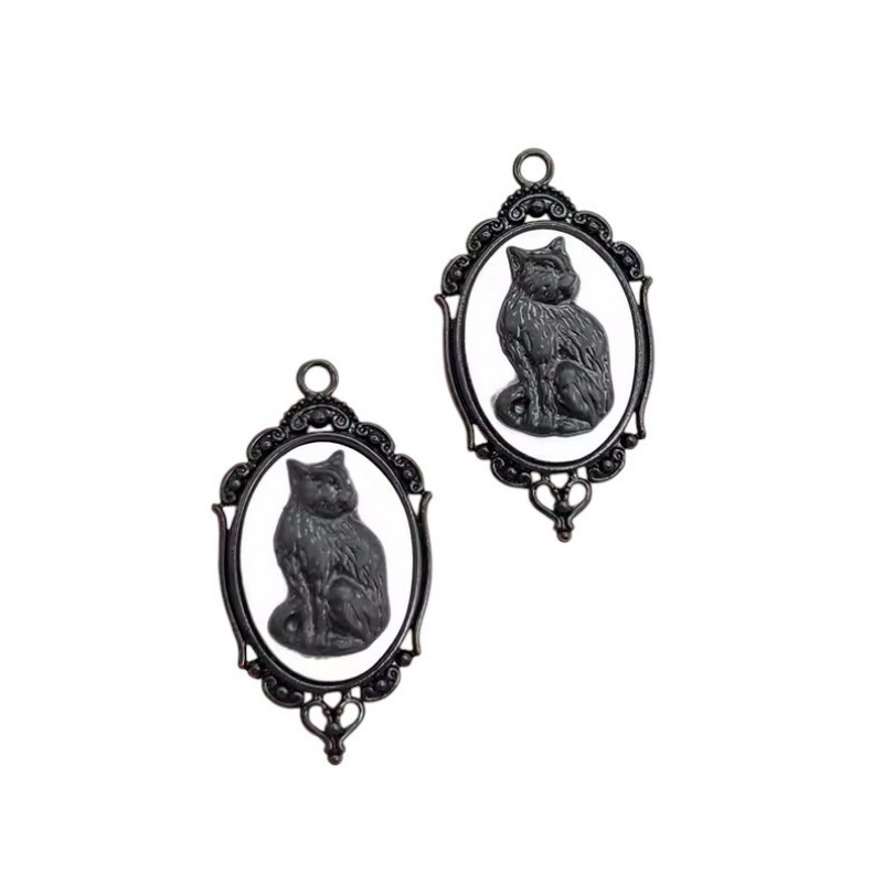Breloque Pendentif Chat Noir Cabochon en Résine Métal Noir Gothique 42x23mm