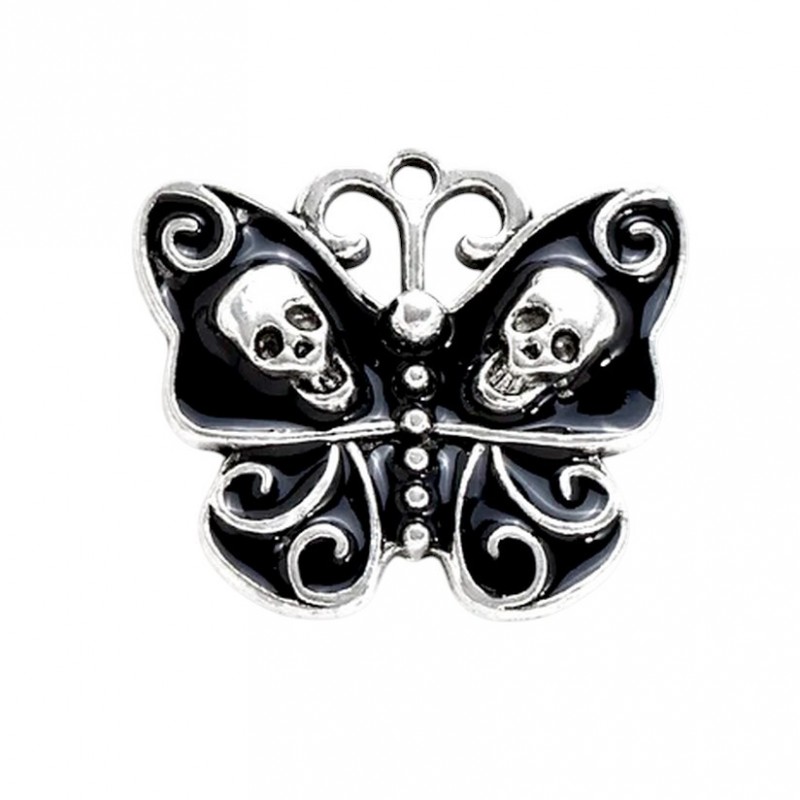 Breloque Papillon Tête de Mort Crâne Métal Argenté en Émail Noir Gothique 23x20mm