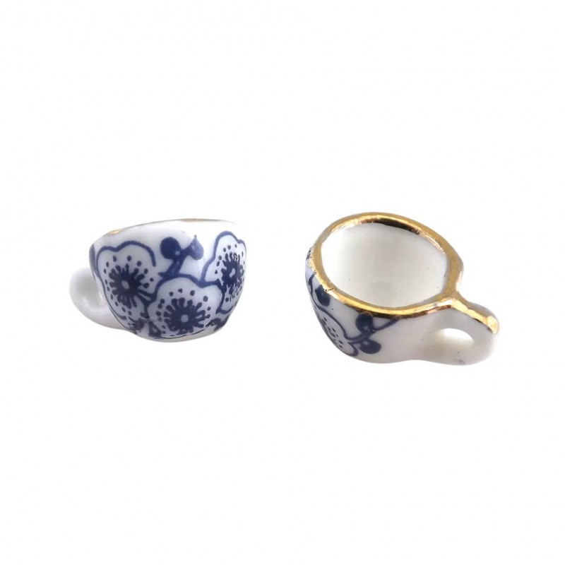 1 Mini Tasse en Céramique Fleurs Bleues et Dorure 16x11mm