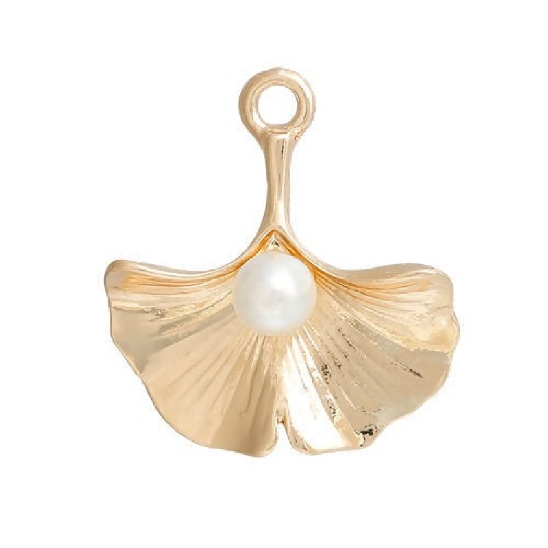 2 Breloques Feuille de Ginkgo avec Perle Métal Doré 23x21mm