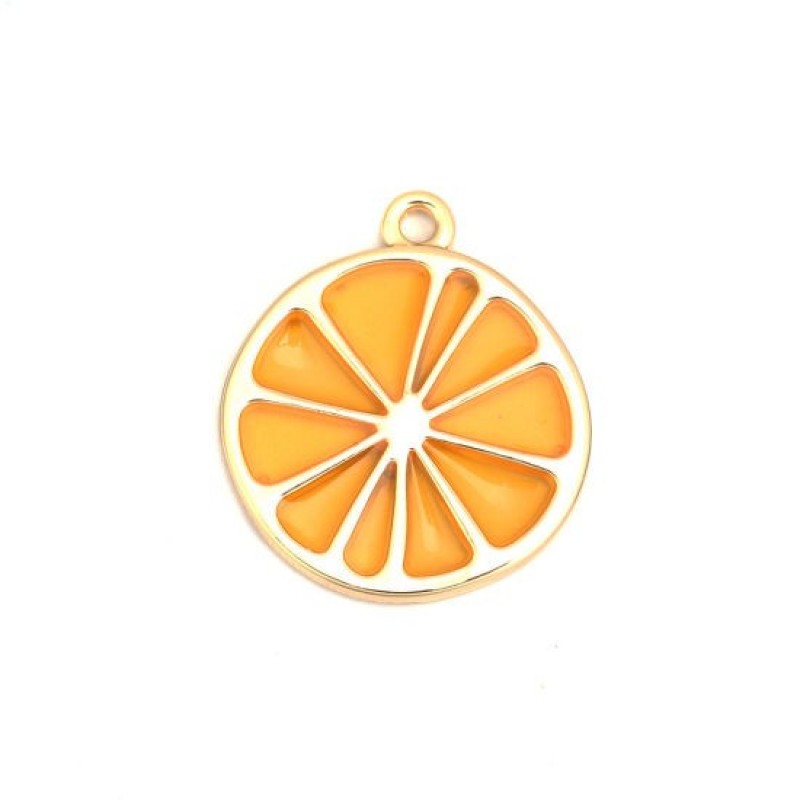 2 Breloques Tranche d'Orange Fruit Métal Doré 27x24mm