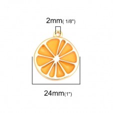 2 Breloques Tranche d'Orange Fruit Métal Doré 27x24mm