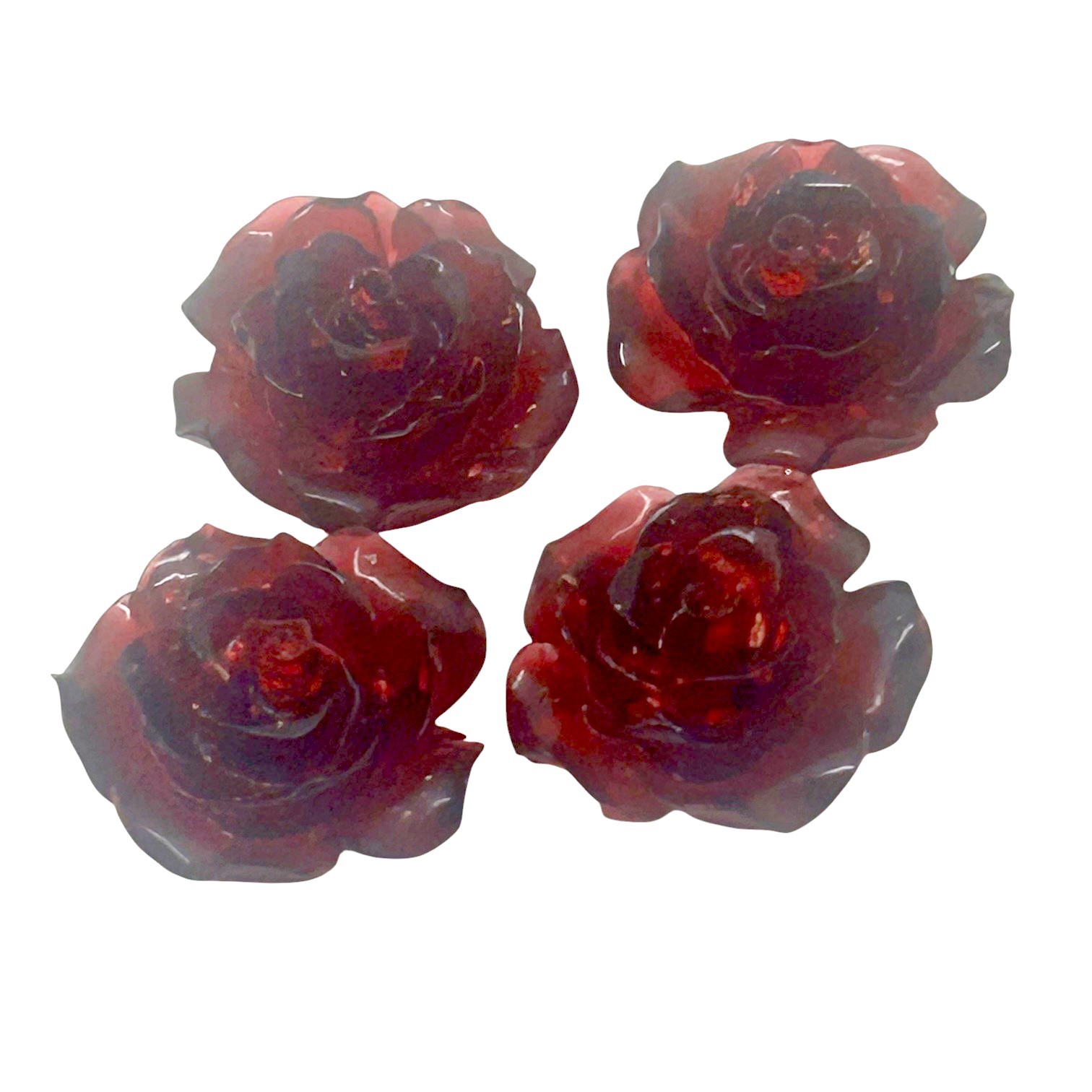 4 Cabochons Fleur Rose en Résine Rouge Profond Feuille d'Or 18mm
