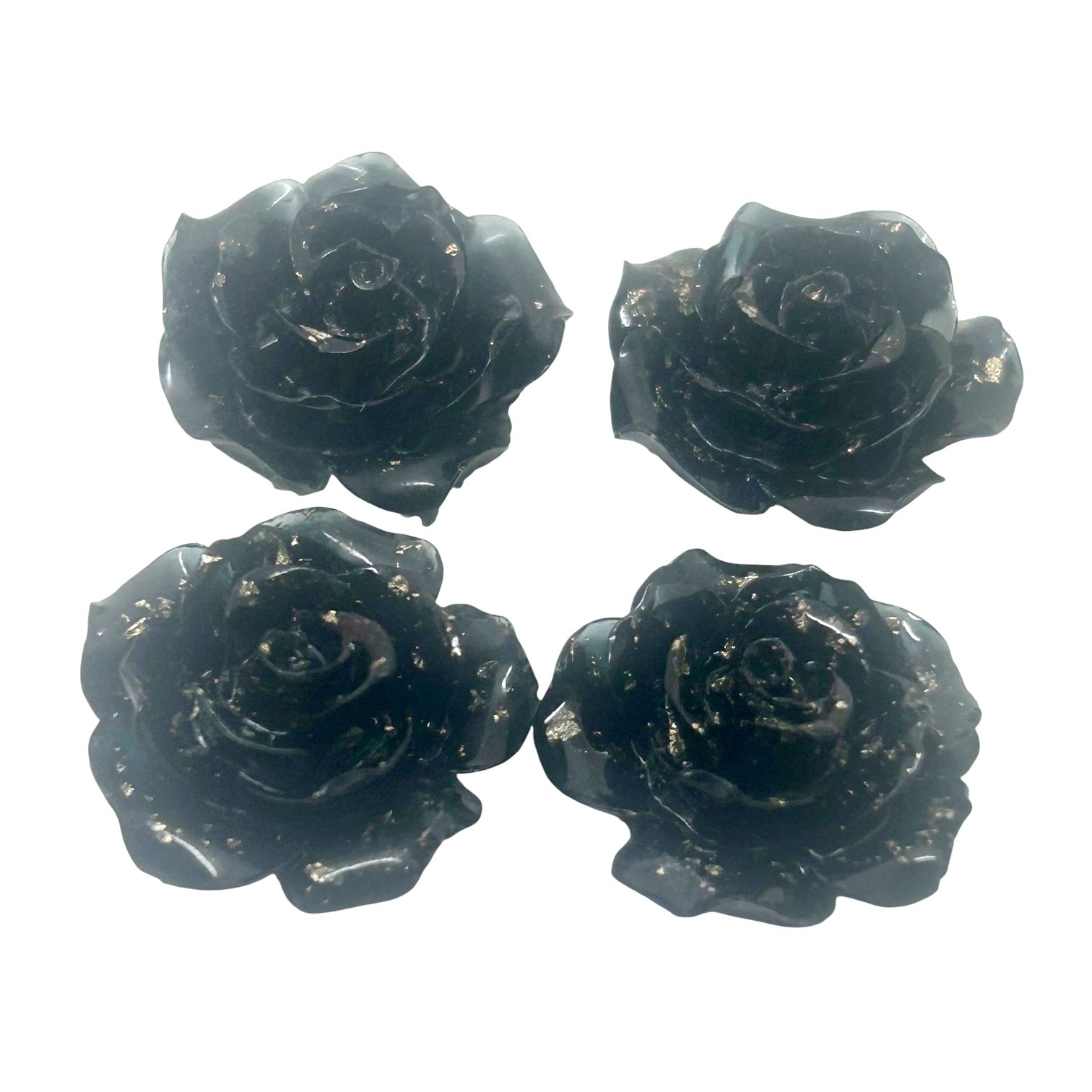 4 Cabochons Fleur Rose en Résine Noir Feuille d'Or 18mm