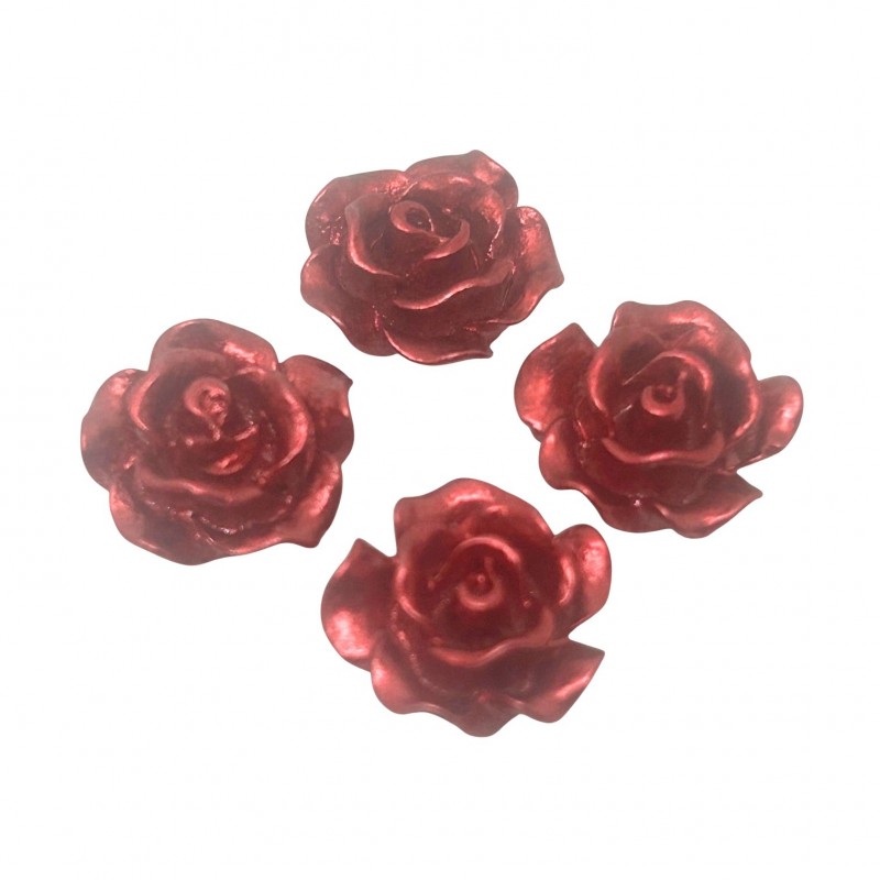 4 Cabochons Rose en Résine Rouge Métallisé 13mm