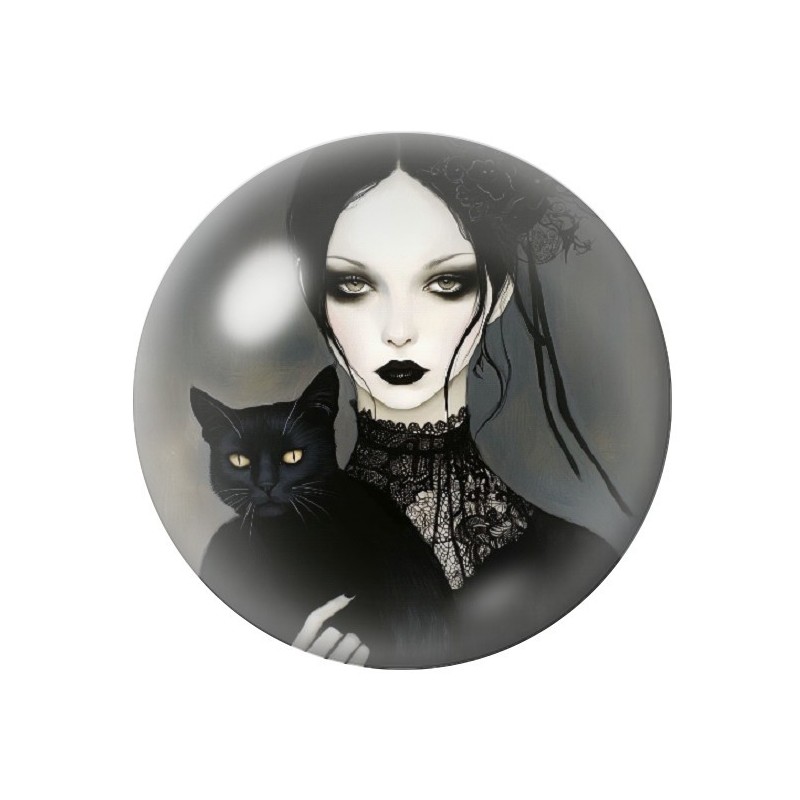 Cabochon en Verre Illustré Femme Chat Noir Gothique 12 à 25mm