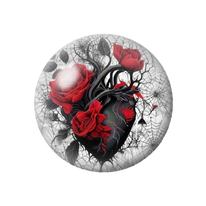 Cabochon en Verre Illustré Coeur Noir Fleurs Gothique 12 à 25mm