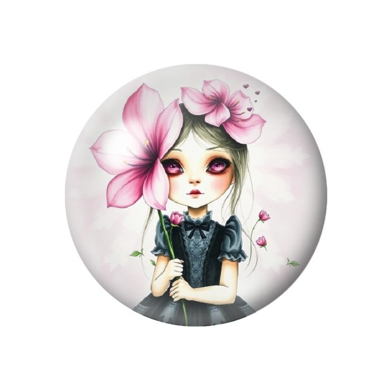 Cabochon en Verre Illustré Petite Fille Fleurs Gothique 12 à 25mm