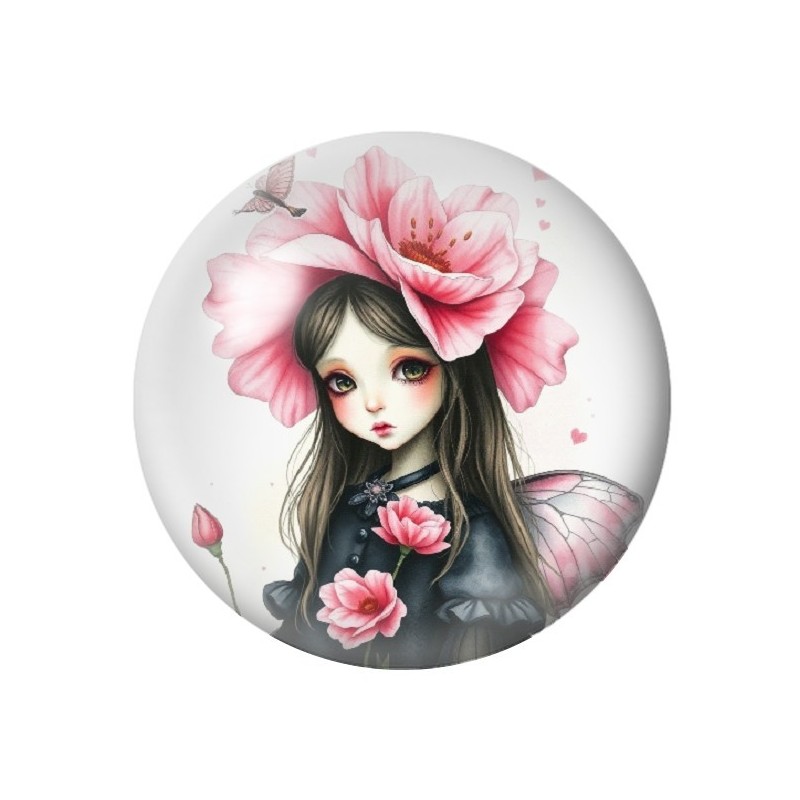 Cabochon en Verre Illustré Petite Fille Fleurs Gothique 12 à 25mm