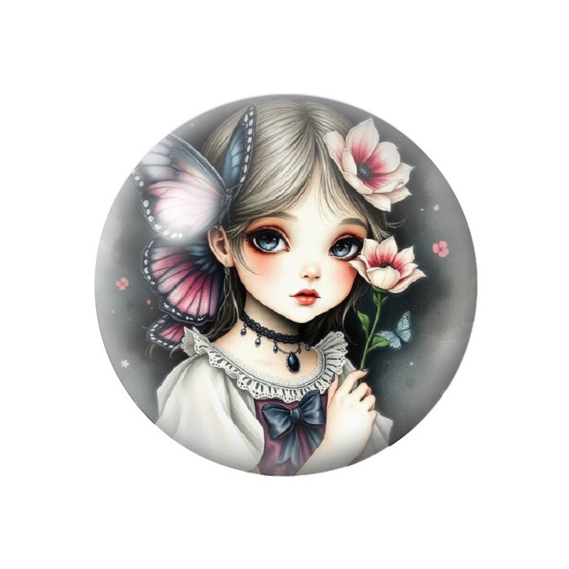 Cabochon en Verre Illustré Petite Fille Fleurs Gothique 12 à 25mm