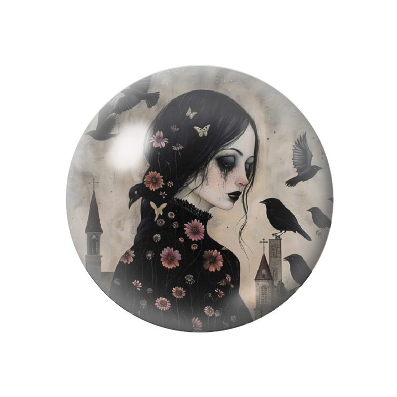Cabochon en Verre Illustré Femme Corbeaux Gothique 12 à 25mm