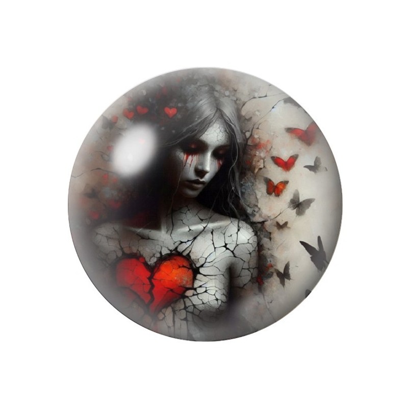 Cabochon en Verre Illustré Femme Coeur Gothique 12 à 25mm