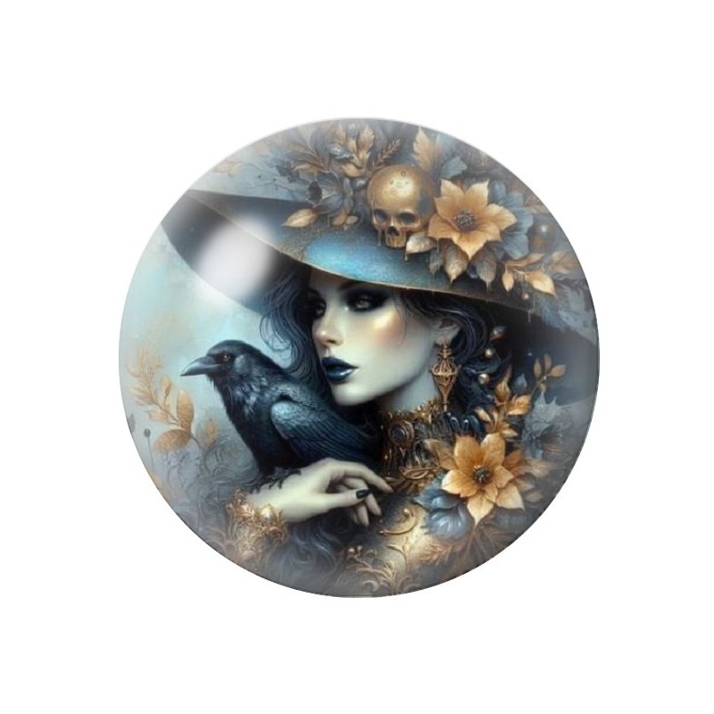 Cabochon en Verre Illustré Femme Corbeau Gothique 12 à 25mm