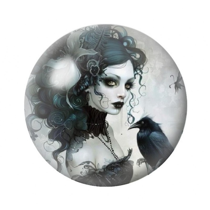 Cabochon en Verre Illustré Femme Corbeau Gothique 12 à 25mm