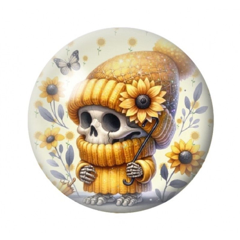 Cabochon en Verre Illustré Squelette Tournesols  Gothique 12 à 25mm