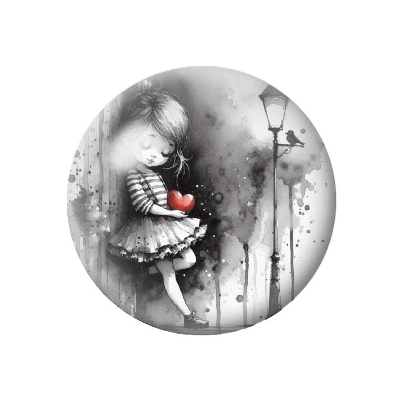 Cabochon en Verre Illustré Petite Fille Coeur Gothique 12 à 25mm