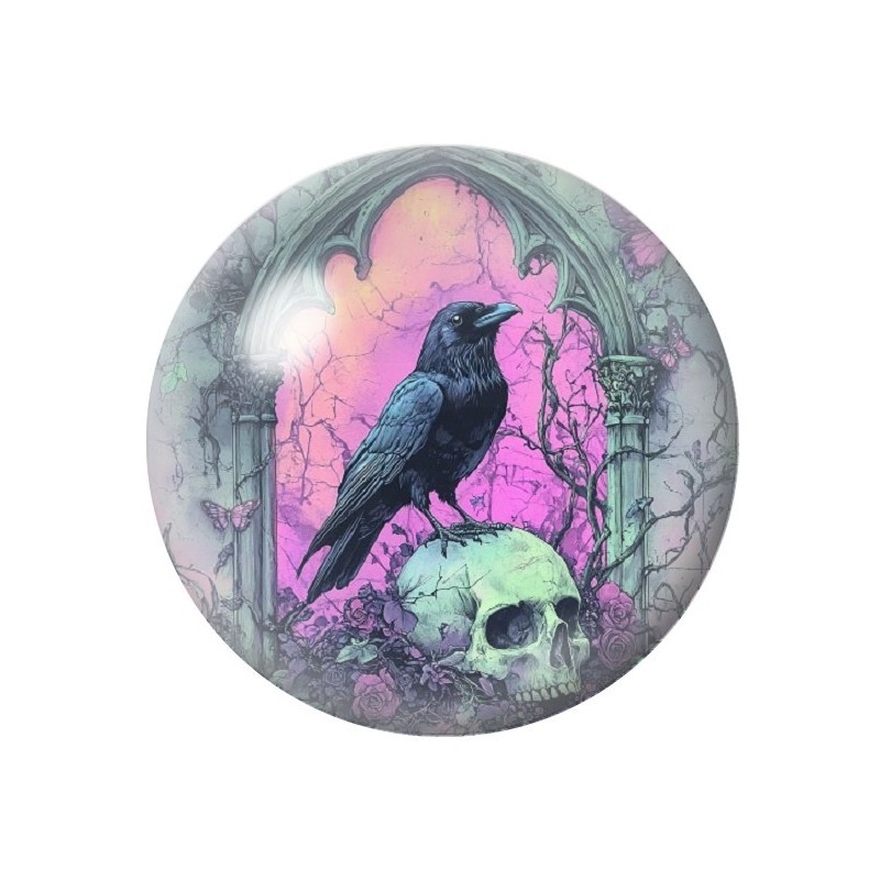 Cabochon en Verre Illustré Corbeau Crâne Gothique 12 à 25mm