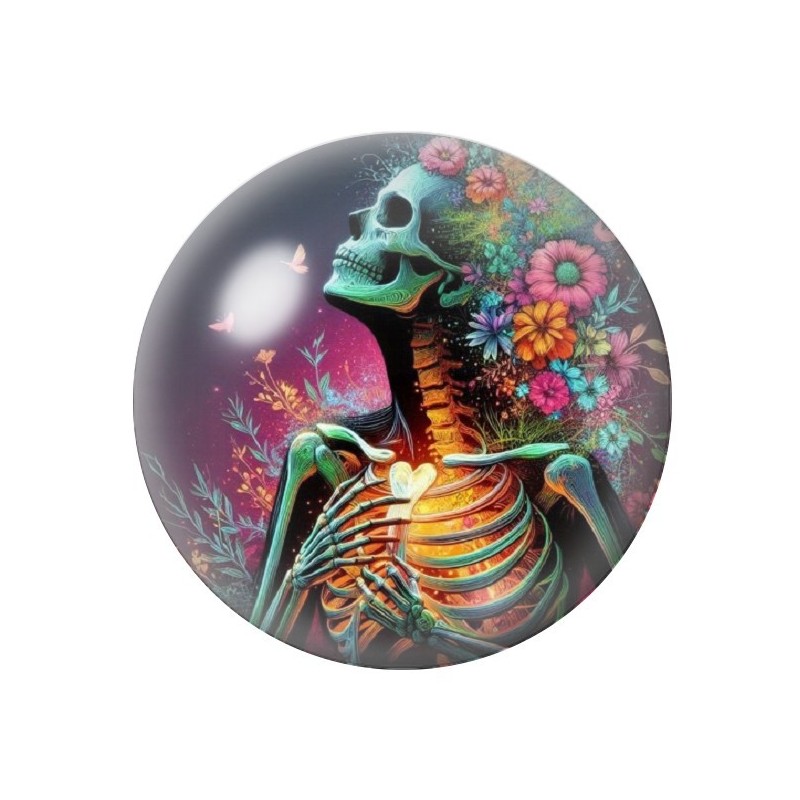 Cabochon en Verre Illustré Squelette Fleurs Gothique 12 à 25mm
