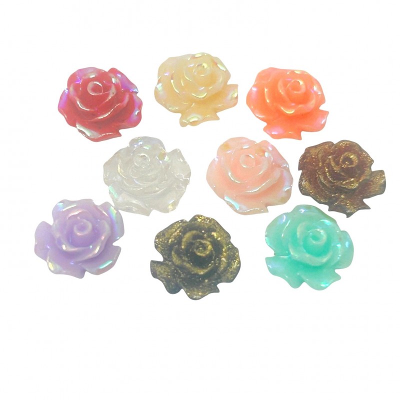 9 Cabochons Rose en Résine Brillante Multicolore 10mm