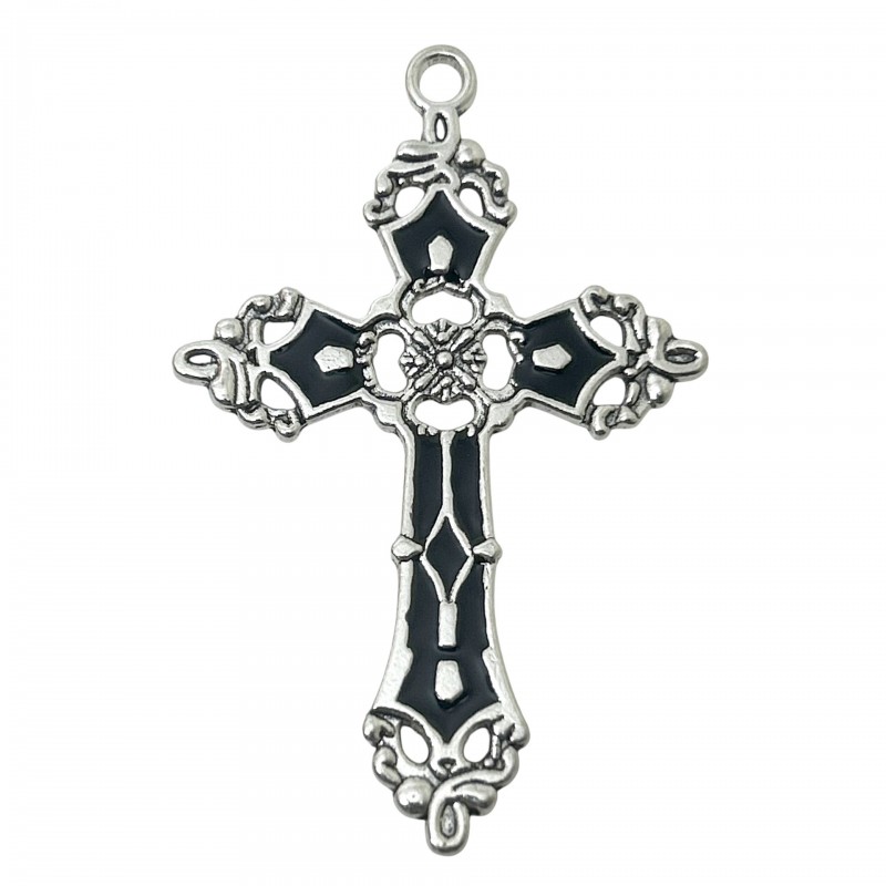 Breloque Pendentif Croix Argentée en Émail Noir Gothique 55x35mm