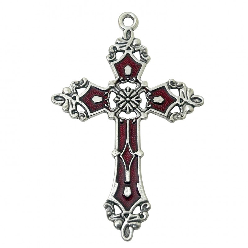 Breloque Pendentif Croix Argentée en Émail Rouge Gothique 55x35mm