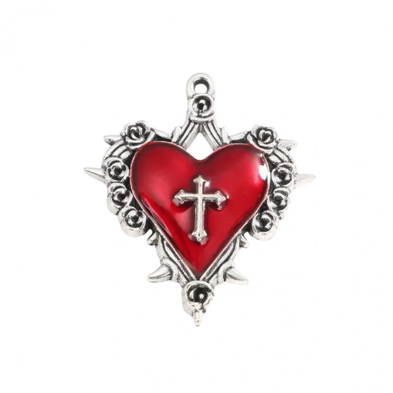 Breloque Coeur Croix en Émail Rouge Métal Argenté Gothique 34x30mm