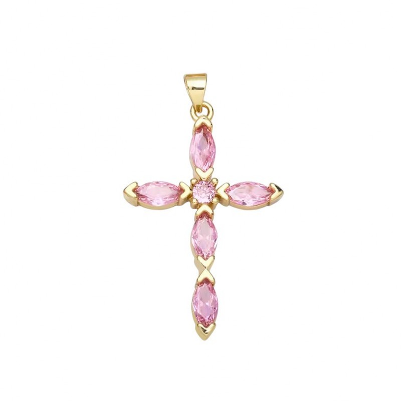 Breloque Pendentif Croix Métal Doré Zircon Rose 42x25mm