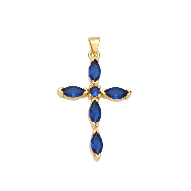 Breloque Pendentif Croix Métal Doré Zircon Bleu 42x25mm