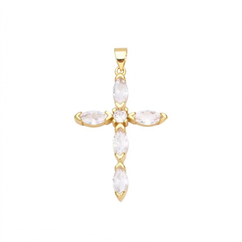 Breloque Pendentif Croix Métal Doré Zircon Transparent 42x25mm