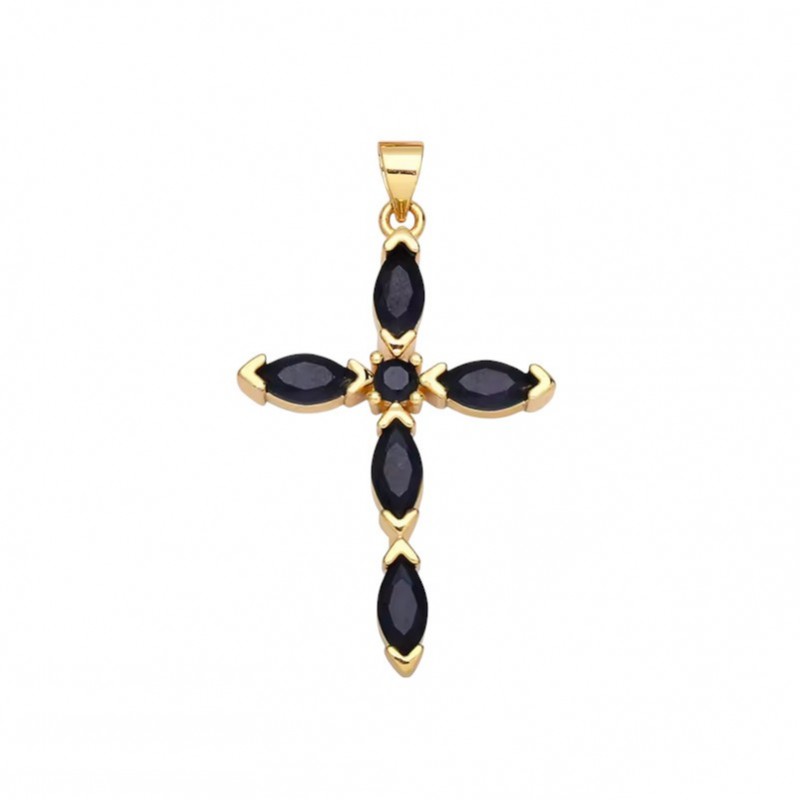Breloque Pendentif Croix Métal Doré Zircon Noir 42x25mm
