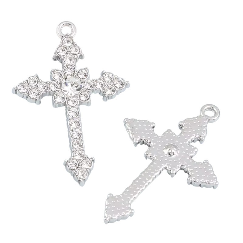 Breloque Pendentif Croix Argenté Strass Gothique 34x23mm