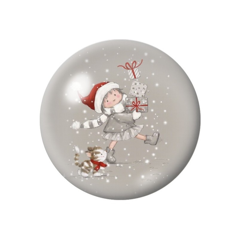 Cabochon en Verre Illustré Petite Fille Chat Noël 12 à 25mm
