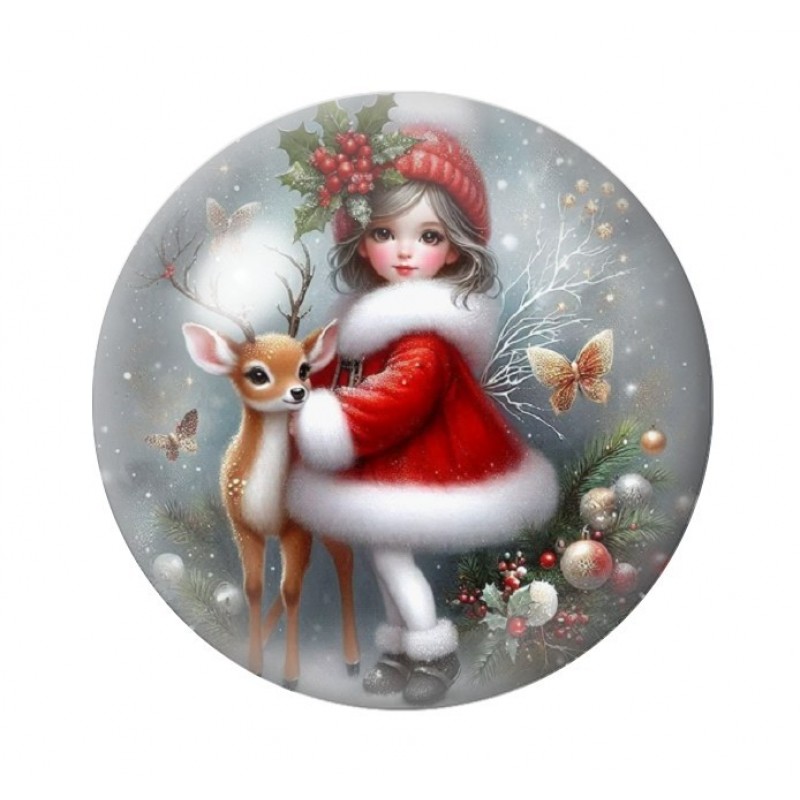 Cabochon en Verre Illustré Petite Fille Cerf Noël 12 à 25mm