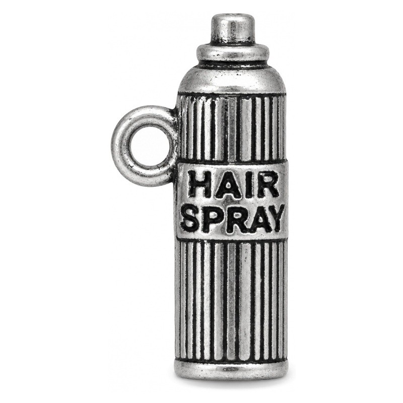 2 Breloques Bouteille de Laque Spray Cheveux Argenté Thème Coiffeur 22mm