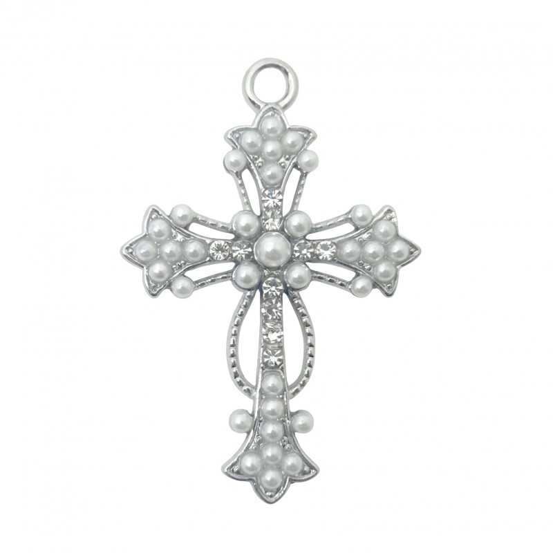Breloque Pendentif Croix Métal Argenté Zircon Perles Blanc 17x12mm