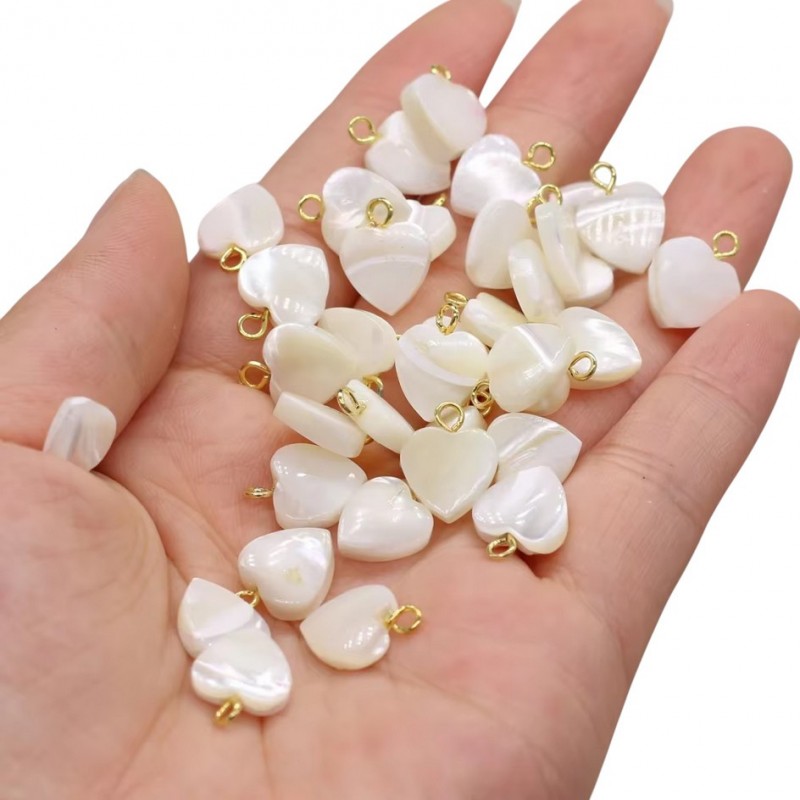 2 Breloques Coeur en Nacre Coquillage Naturel d'Eau Douce Blanc Métal Doré 10mm