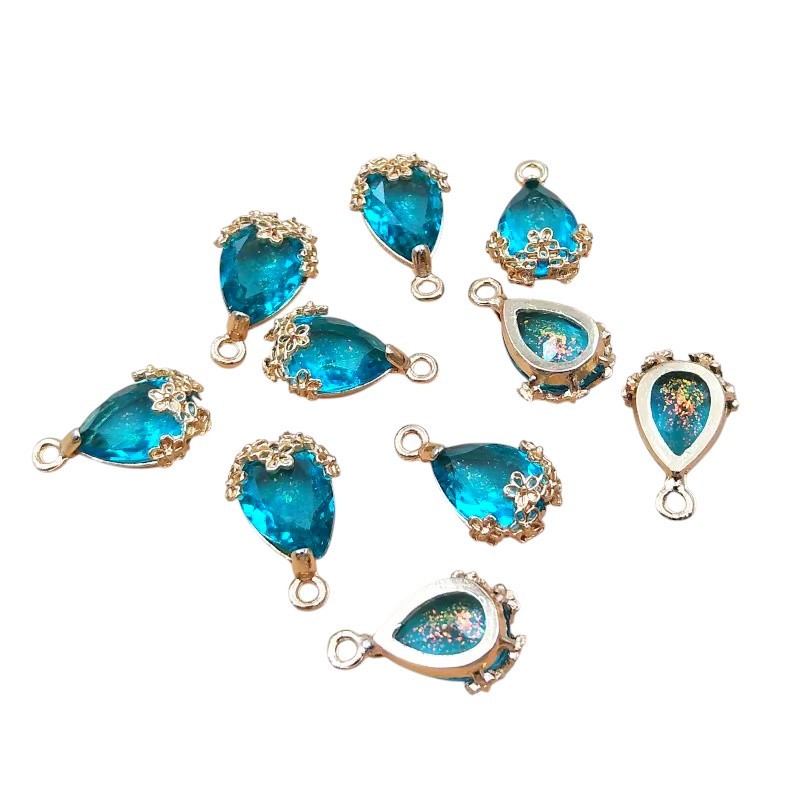 2 Breloques Goutte en Verre Bleu Turquoise Métal Doré 21x13mm