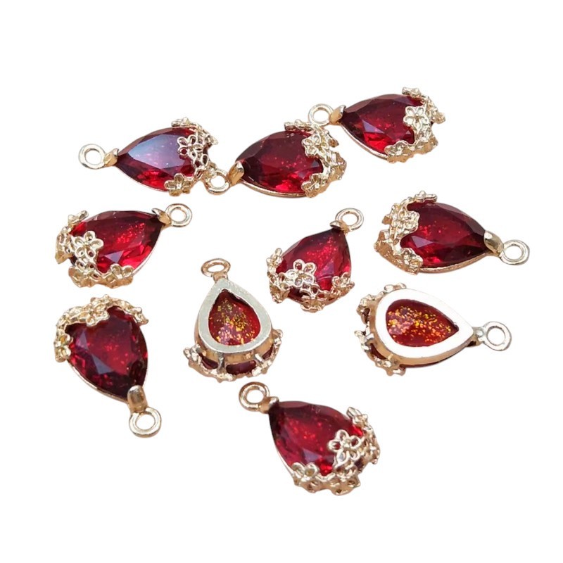 2 Breloques Goutte en Verre Rouge Métal Doré 21x13mm