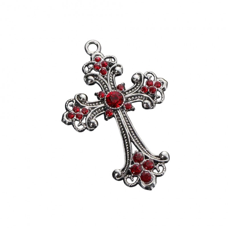 Breloque Pendentif Croix Argentée Strass Rouge Gothique 68x45mm