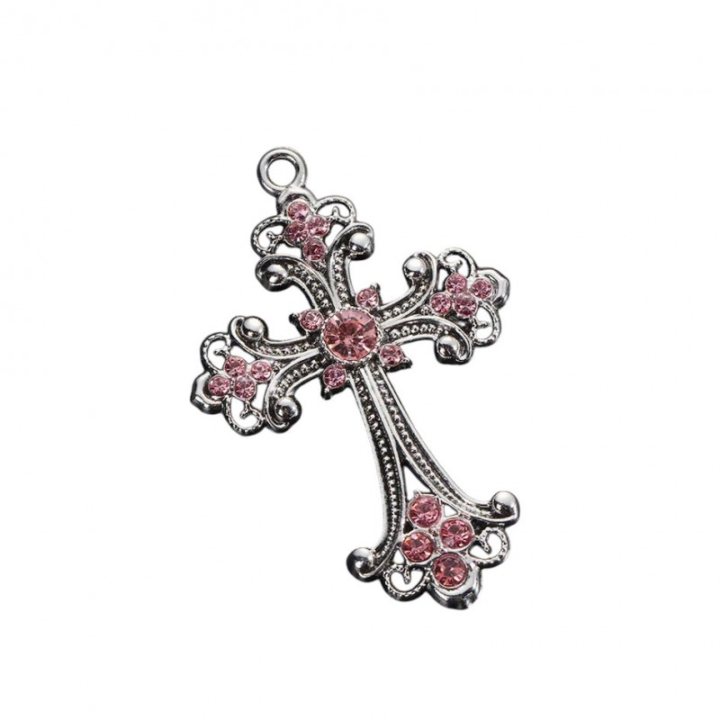 Breloque Pendentif Croix Argentée Strass Rose Gothique 68x45mm
