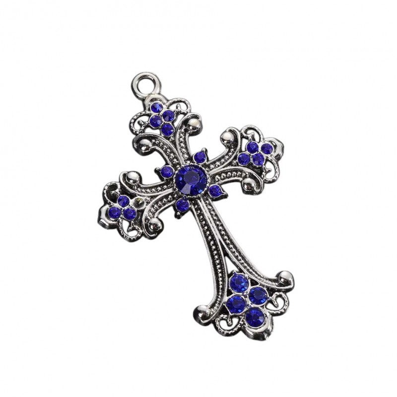 Breloque Pendentif Croix Argentée Strass Bleu Gothique 68x45mm