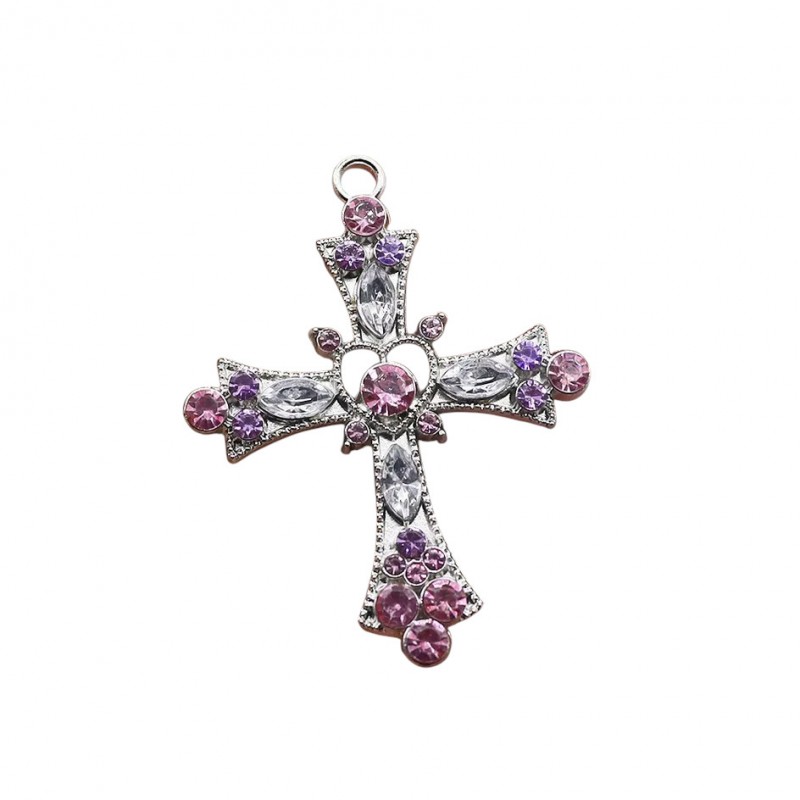 Breloque Pendentif Croix Argentée Strass Rose Gothique 42x32mm