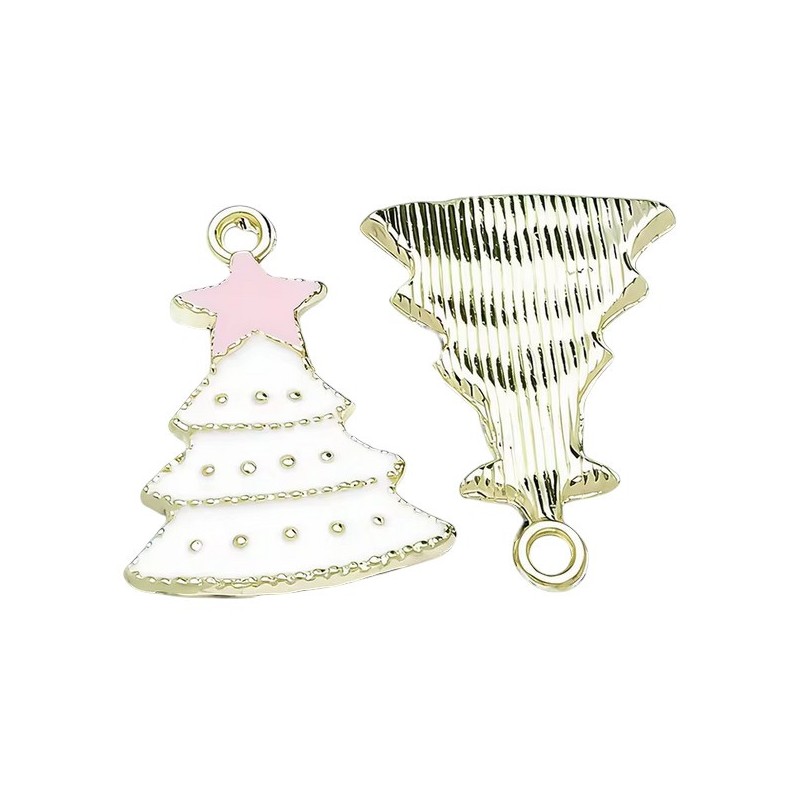 2 Breloques Sapin de Noël en Émail Blanc Métal Doré 22x16mm