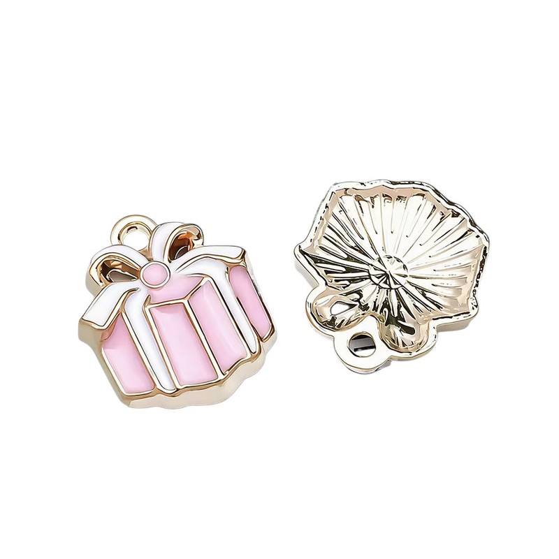 2 Breloques Cadeau de Noël en Émail Rose Métal Doré 16x13mm